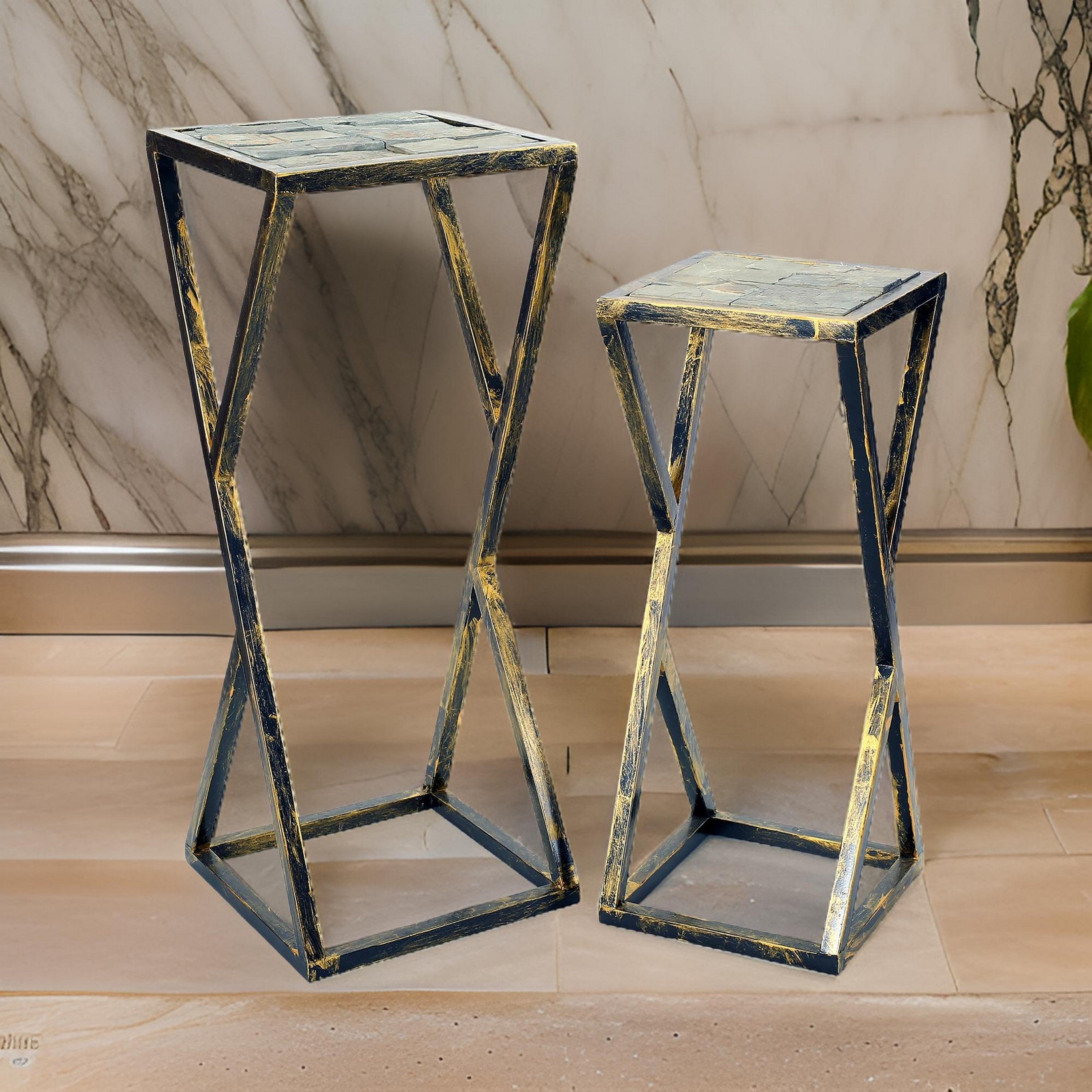 Benjara Stone Top Plant Stand With Geometric Base, Set Of 2, Black And Gray
