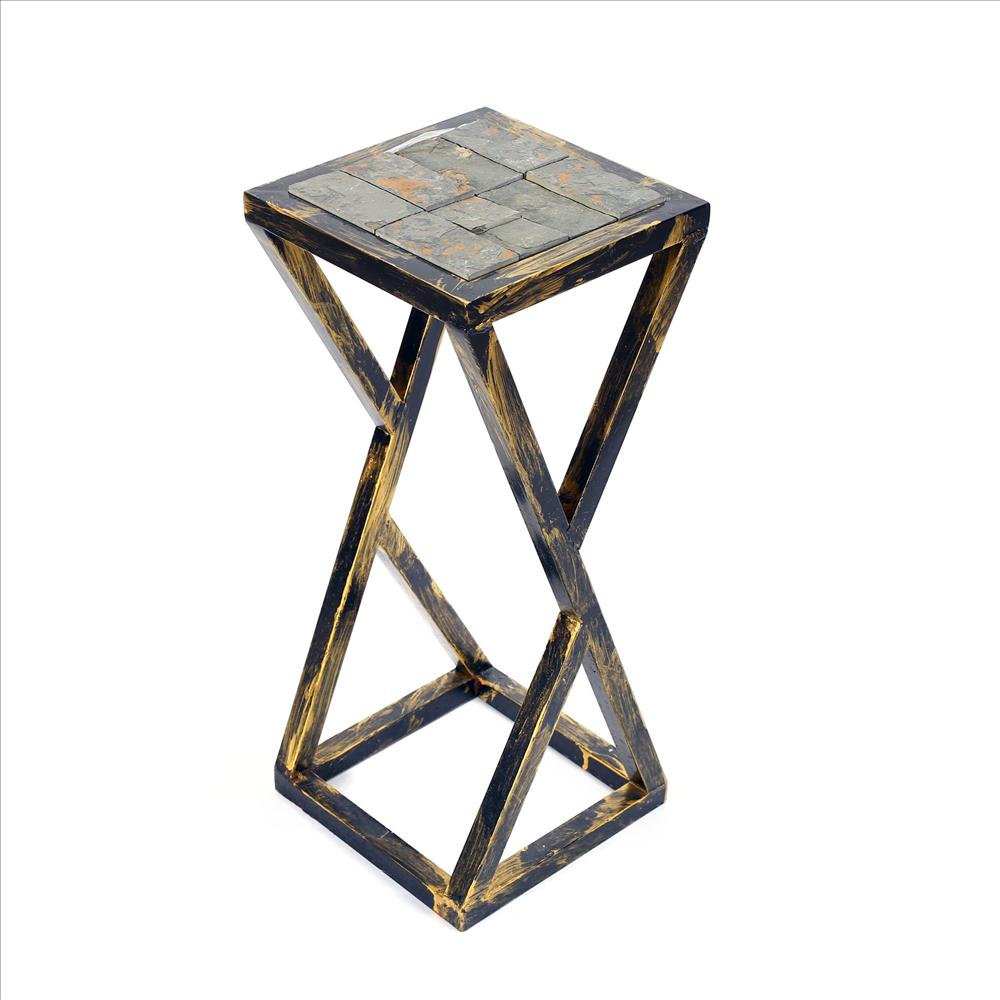 Benjara 19.5 Inches Stone Top Plant Stand With Geometric Base, Black And Gray