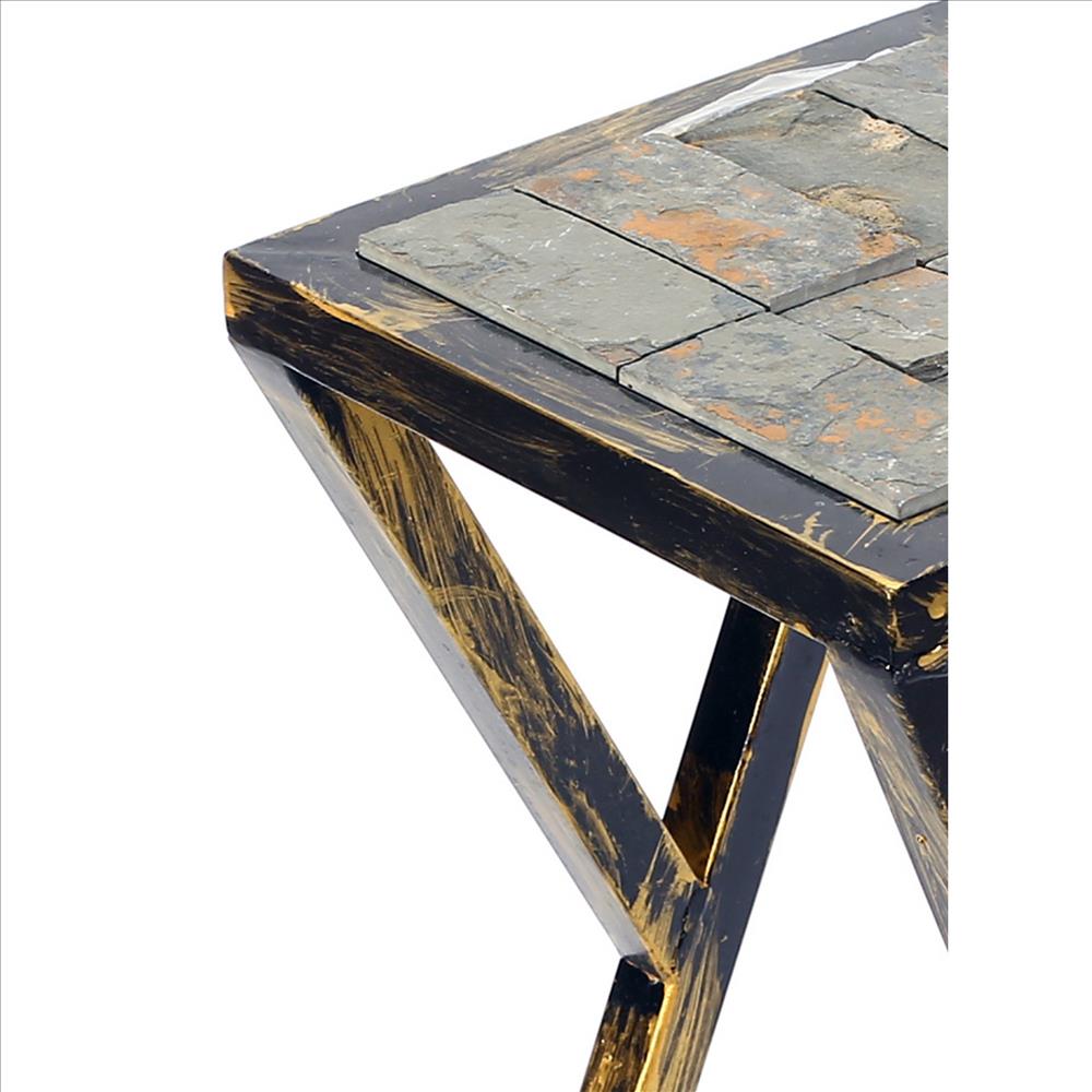Benjara 19.5 Inches Stone Top Plant Stand With Geometric Base, Black And Gray
