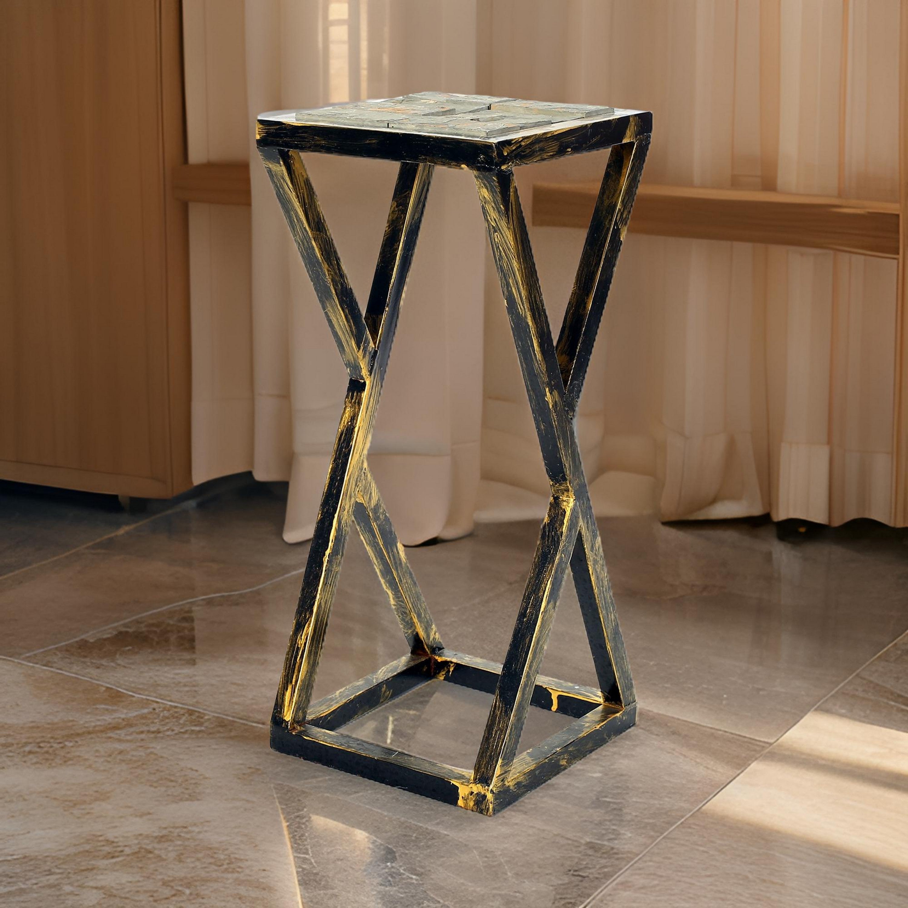 Benjara 19.5 Inches Stone Top Plant Stand With Geometric Base, Black And Gray