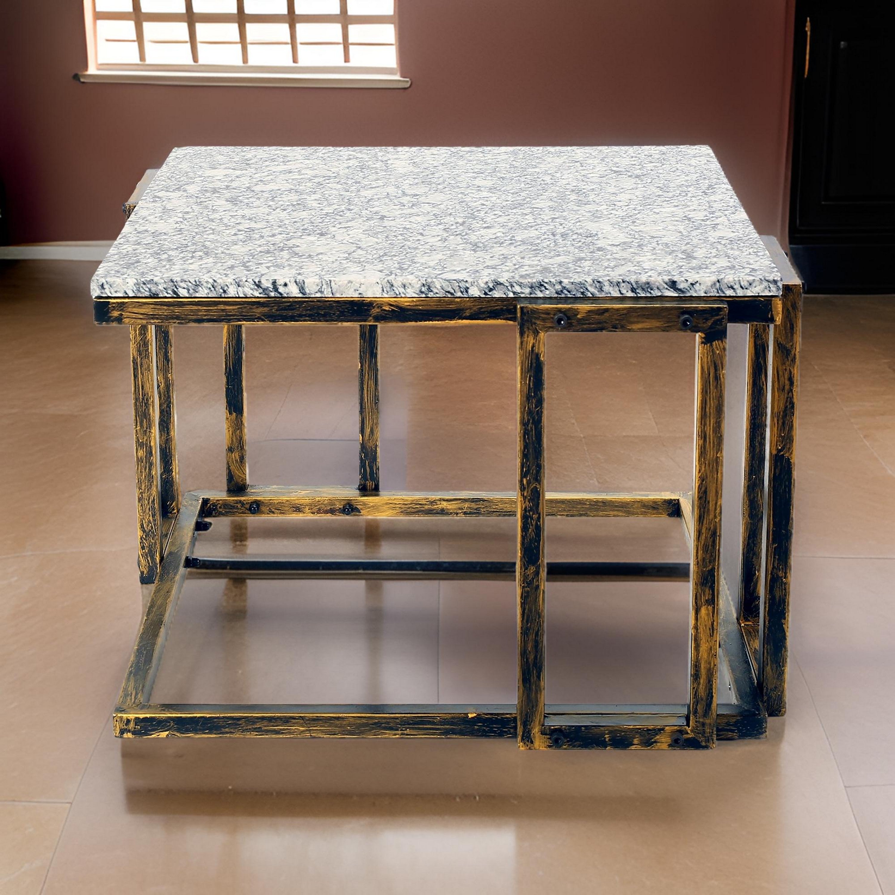 Benjara 22 Inch Granite Top Plant Stand, Cast Iron Frame, Gray, Black, Gold