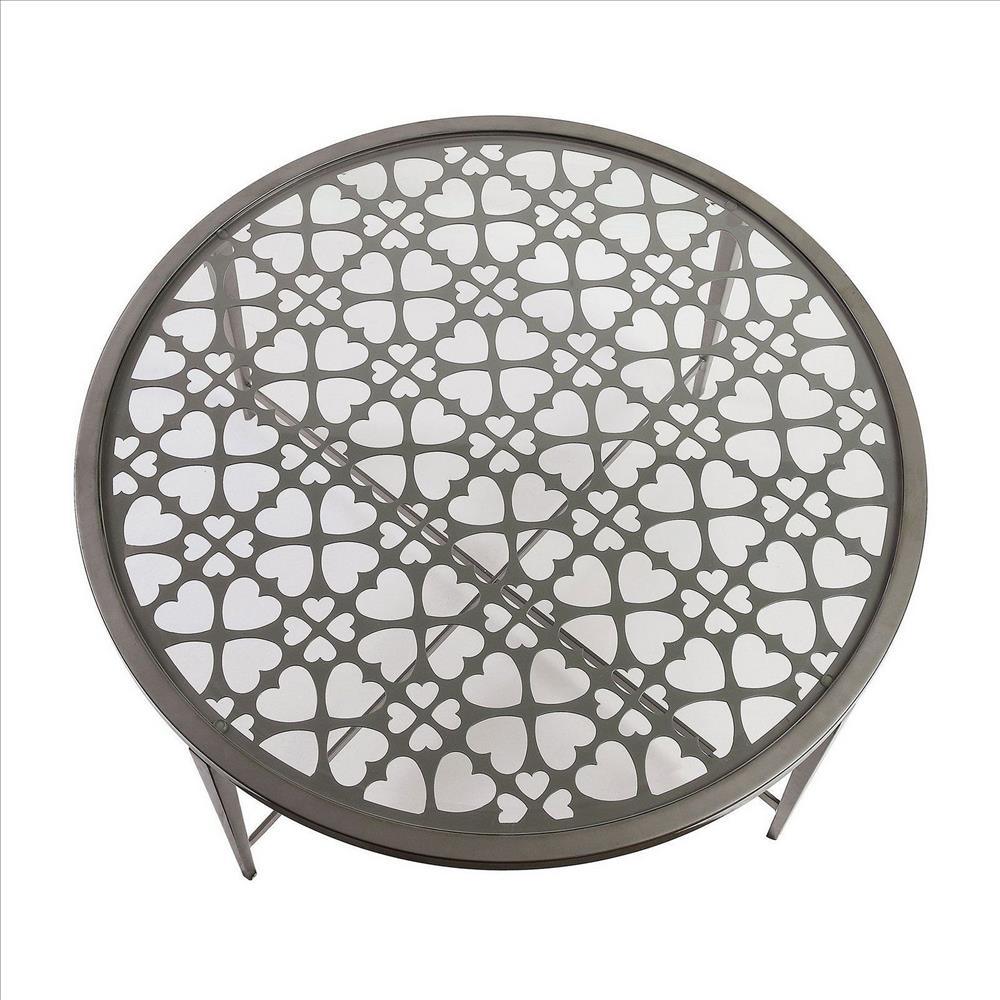Benjara Round Glass Top Coffee Table With X Support Metal Base, Silver