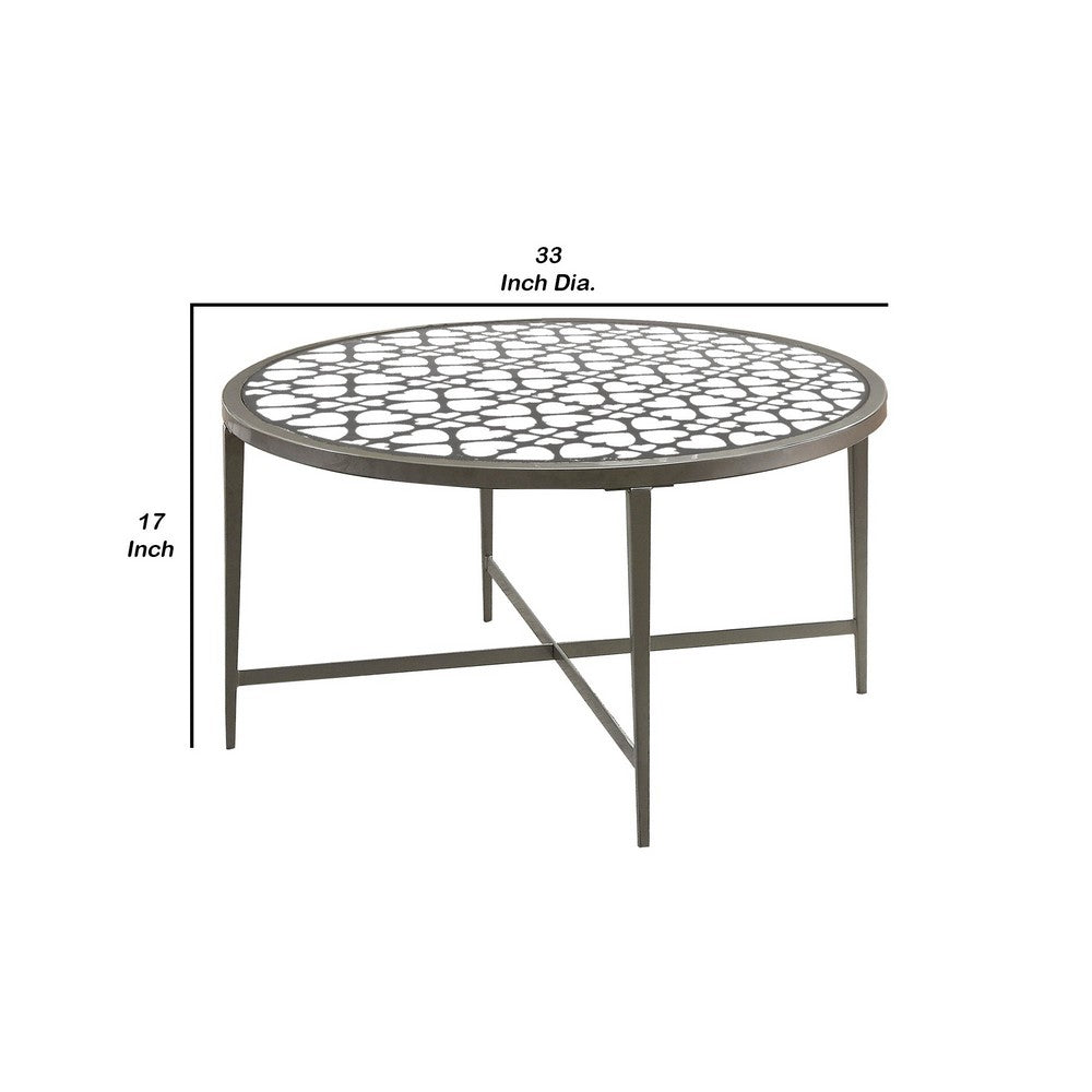 Benjara Round Glass Top Coffee Table With X Support Metal Base, Silver