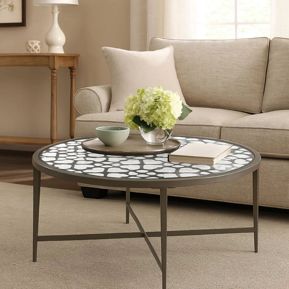 Benjara Round Glass Top Coffee Table With X Support Metal Base, Silver