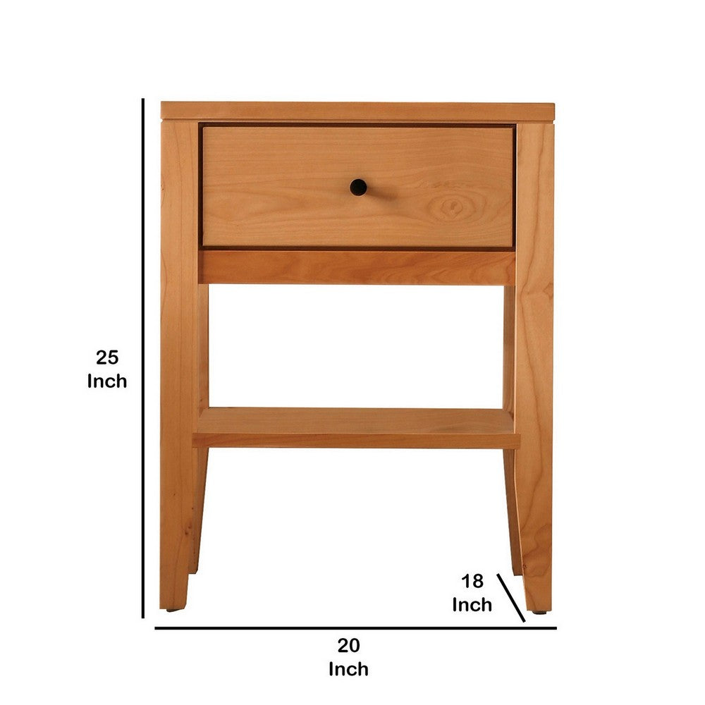 Benjara Mid Century Modern Wooden 1 Drawer Nightstand With Shelf, Light Oak Brown