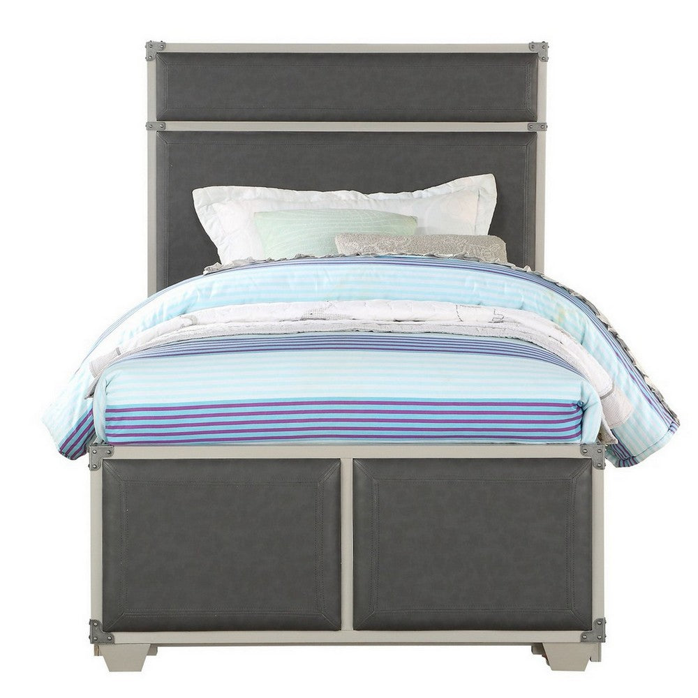 Benjara Tae Wooden Twin Bed with Fabric Padding, White And Gray