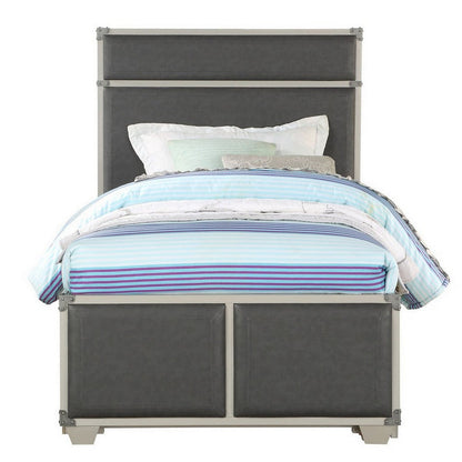 Benjara Tae Wooden Twin Bed with Fabric Padding, White And Gray