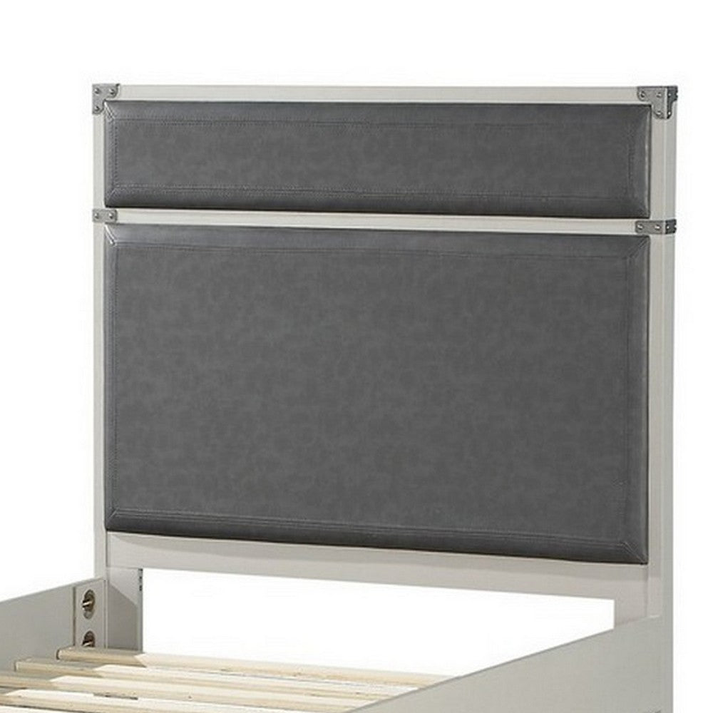Benjara Tae Wooden Twin Bed with Fabric Padding, White And Gray