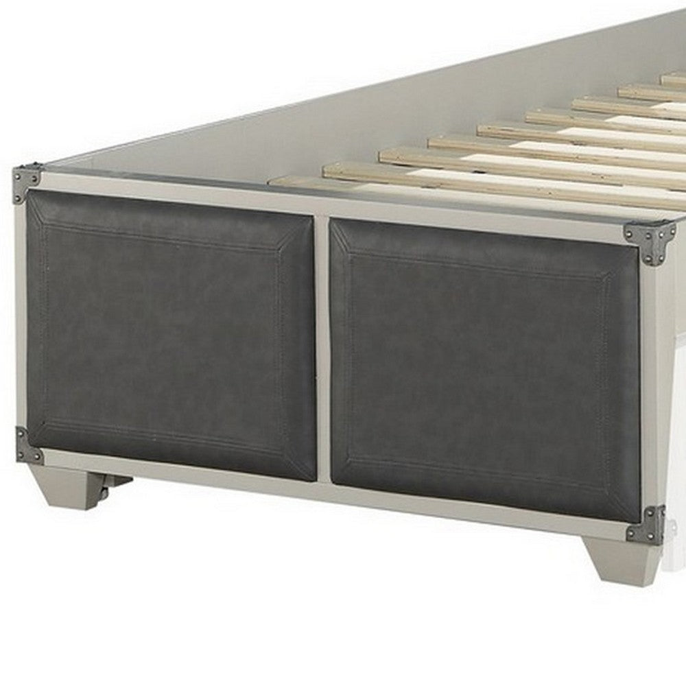 Benjara Tae Wooden Twin Bed with Fabric Padding, White And Gray