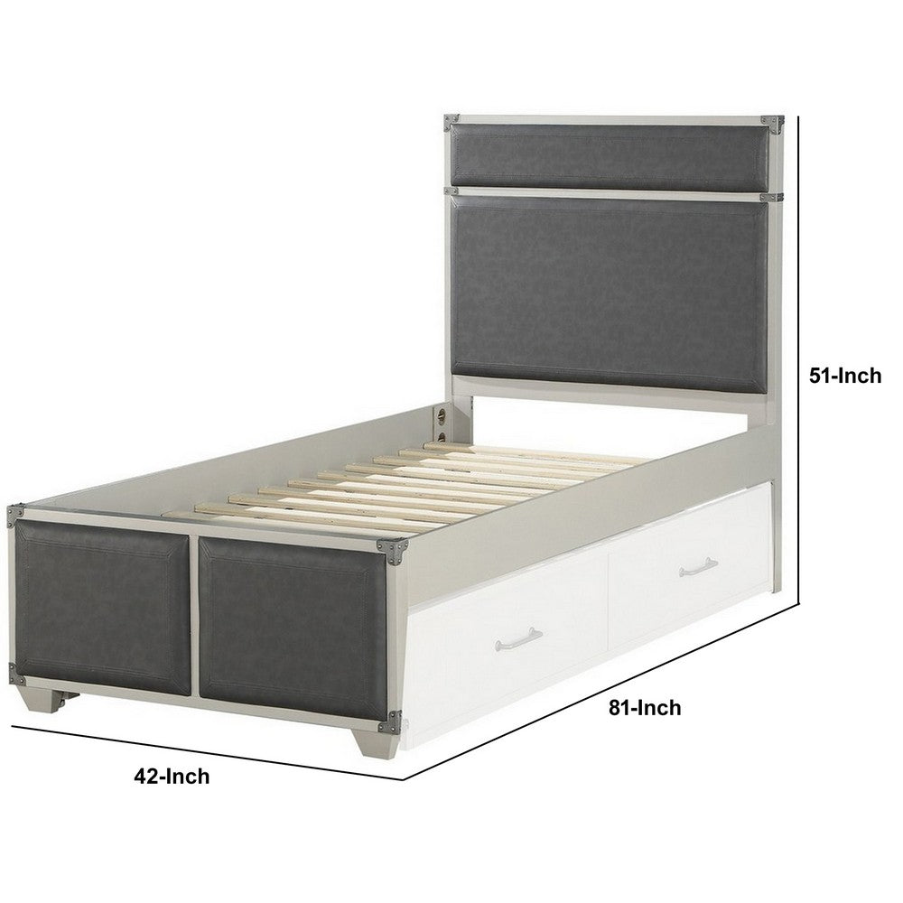 Benjara Tae Wooden Twin Bed with Fabric Padding, White And Gray