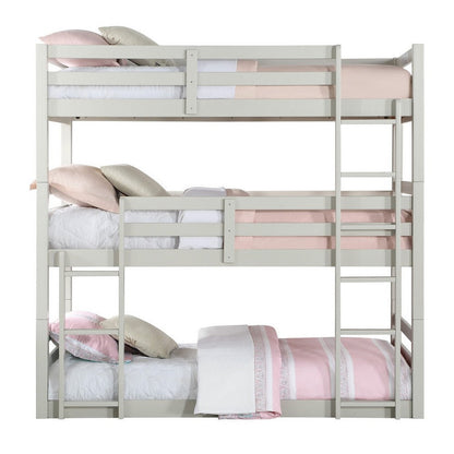 Benjara Twin Size 3 Tier Wooden Bunk Bed with Ladder, White