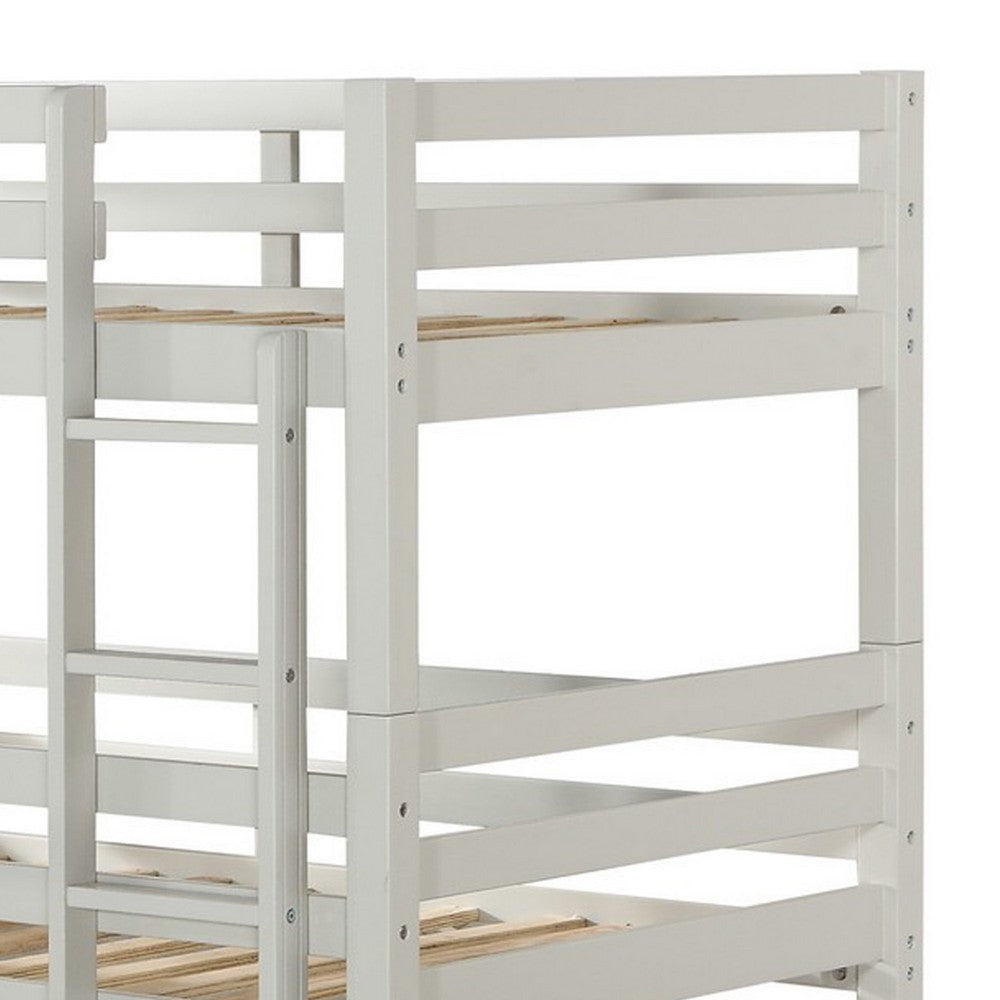 Benjara Twin Size 3 Tier Wooden Bunk Bed with Ladder, White