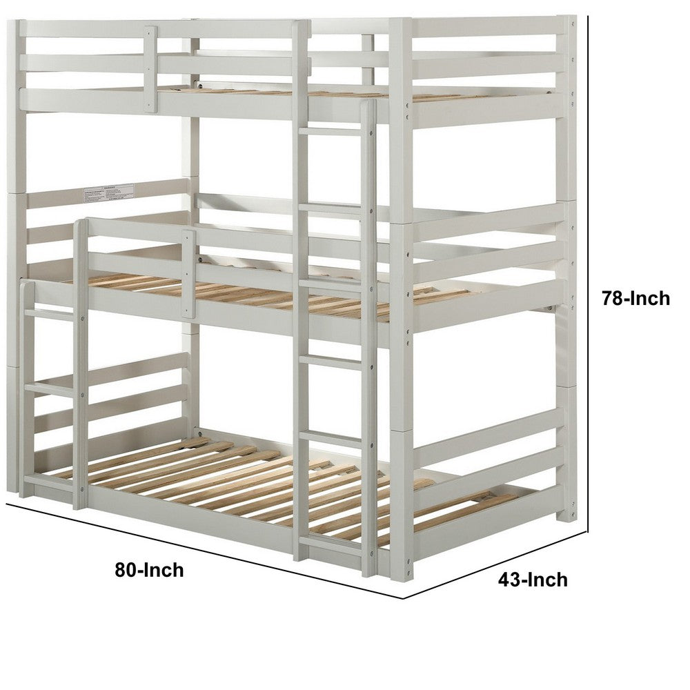 Benjara Twin Size 3 Tier Wooden Bunk Bed with Ladder, White