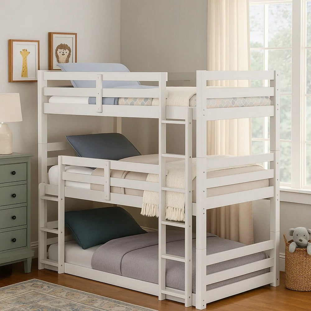 Benjara Twin Size 3 Tier Wooden Bunk Bed with Ladder, White