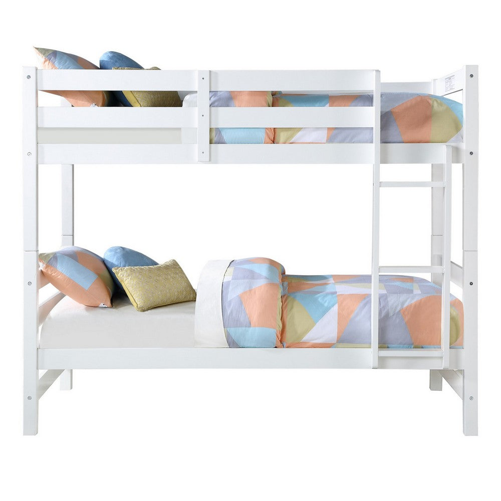 Benjara Wooden Twin Over Twin Bunk Bed with Attached Ladder, White