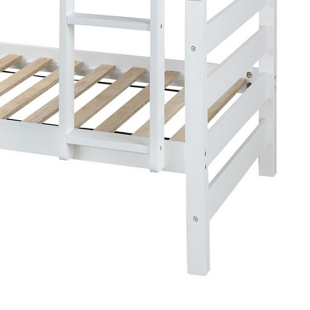 Benjara Wooden Twin Over Twin Bunk Bed with Attached Ladder, White
