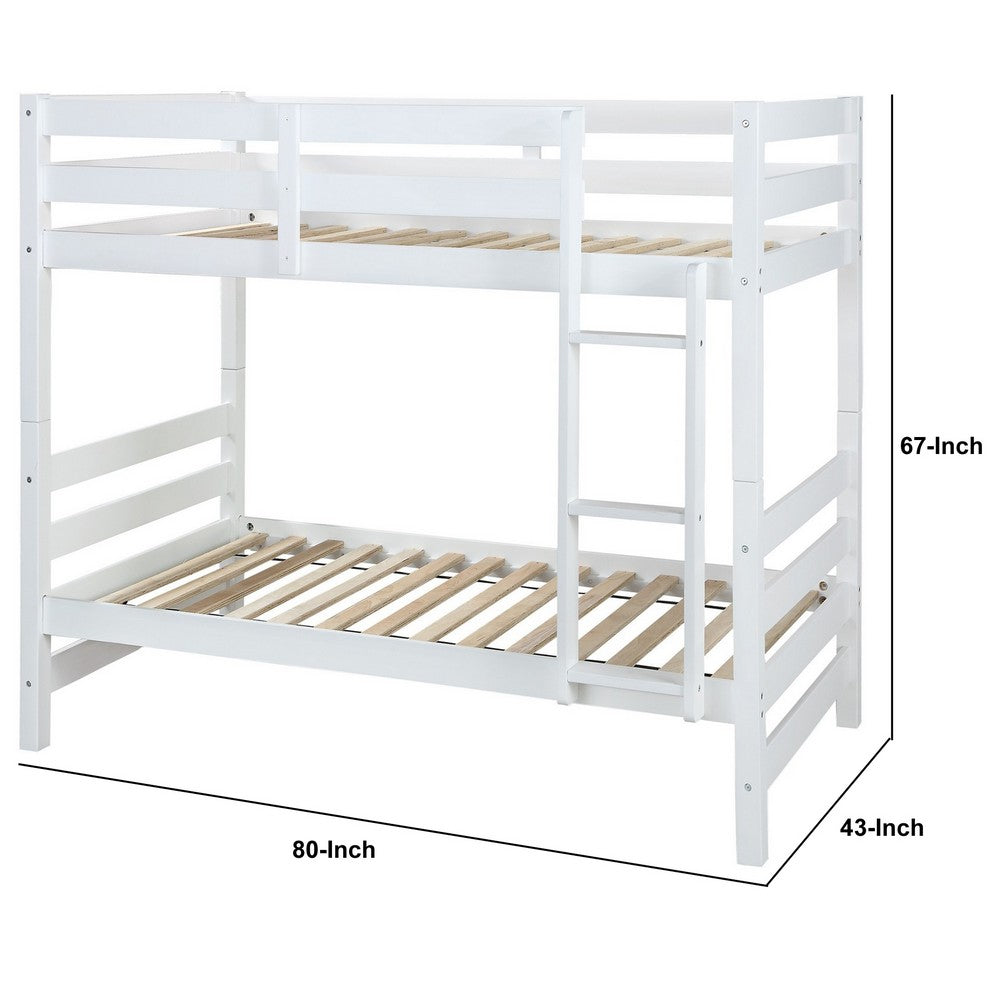 Benjara Wooden Twin Over Twin Bunk Bed with Attached Ladder, White
