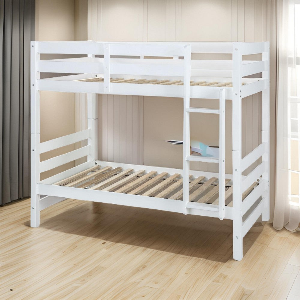 Benjara Wooden Twin Over Twin Bunk Bed with Attached Ladder, White
