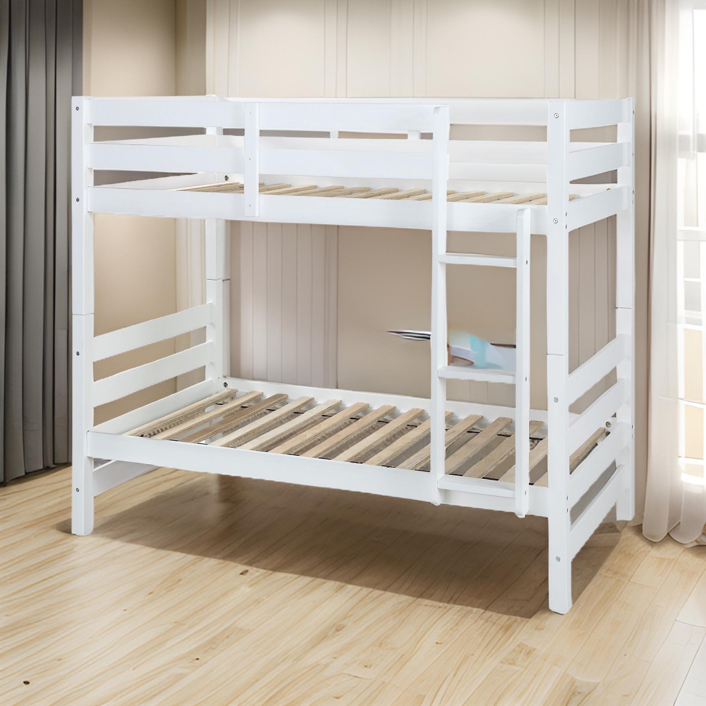 Benjara Wooden Twin Over Twin Bunk Bed with Attached Ladder, White