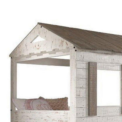 Benjara Wooden Twin Bunk Bed with House Design, White And Brown