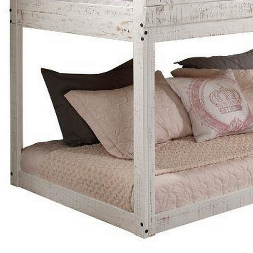 Benjara Wooden Twin Bunk Bed with House Design, White And Brown