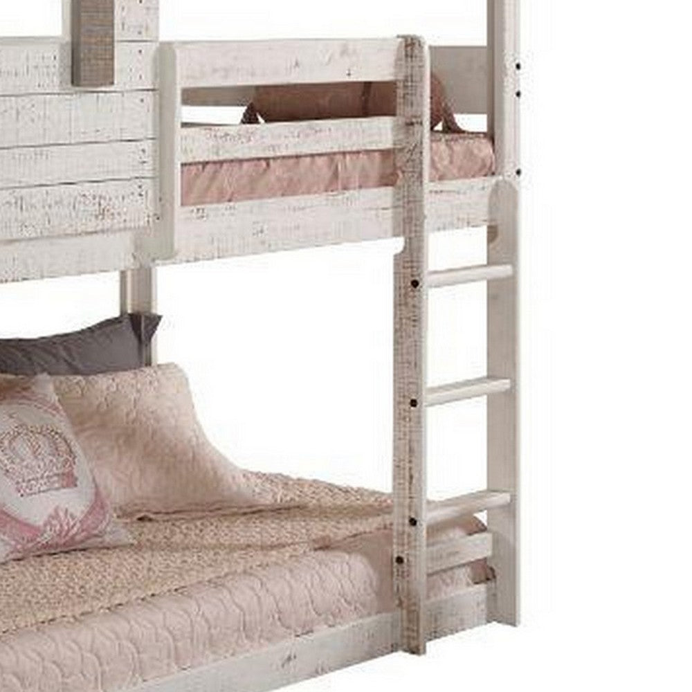 Benjara Wooden Twin Bunk Bed with House Design, White And Brown