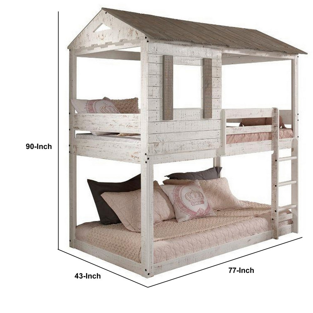 Benjara Wooden Twin Bunk Bed with House Design, White And Brown