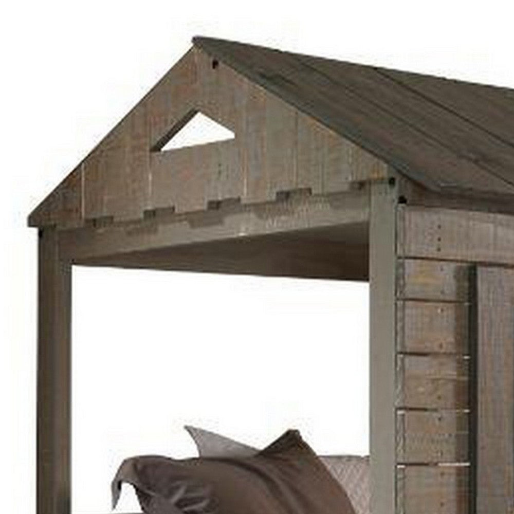Benjara Twin Size Wooden Bunk Bed with House Design, Brown
