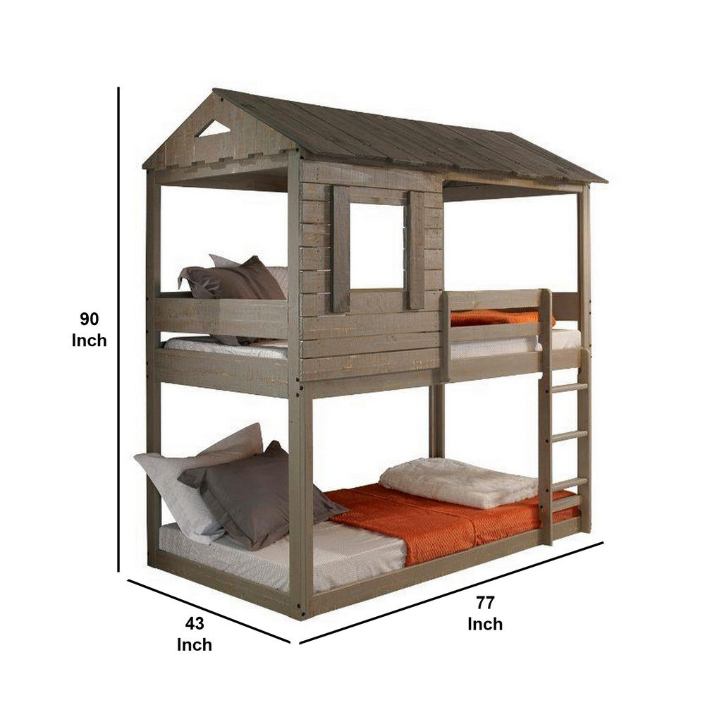 Benjara Twin Size Wooden Bunk Bed with House Design, Brown