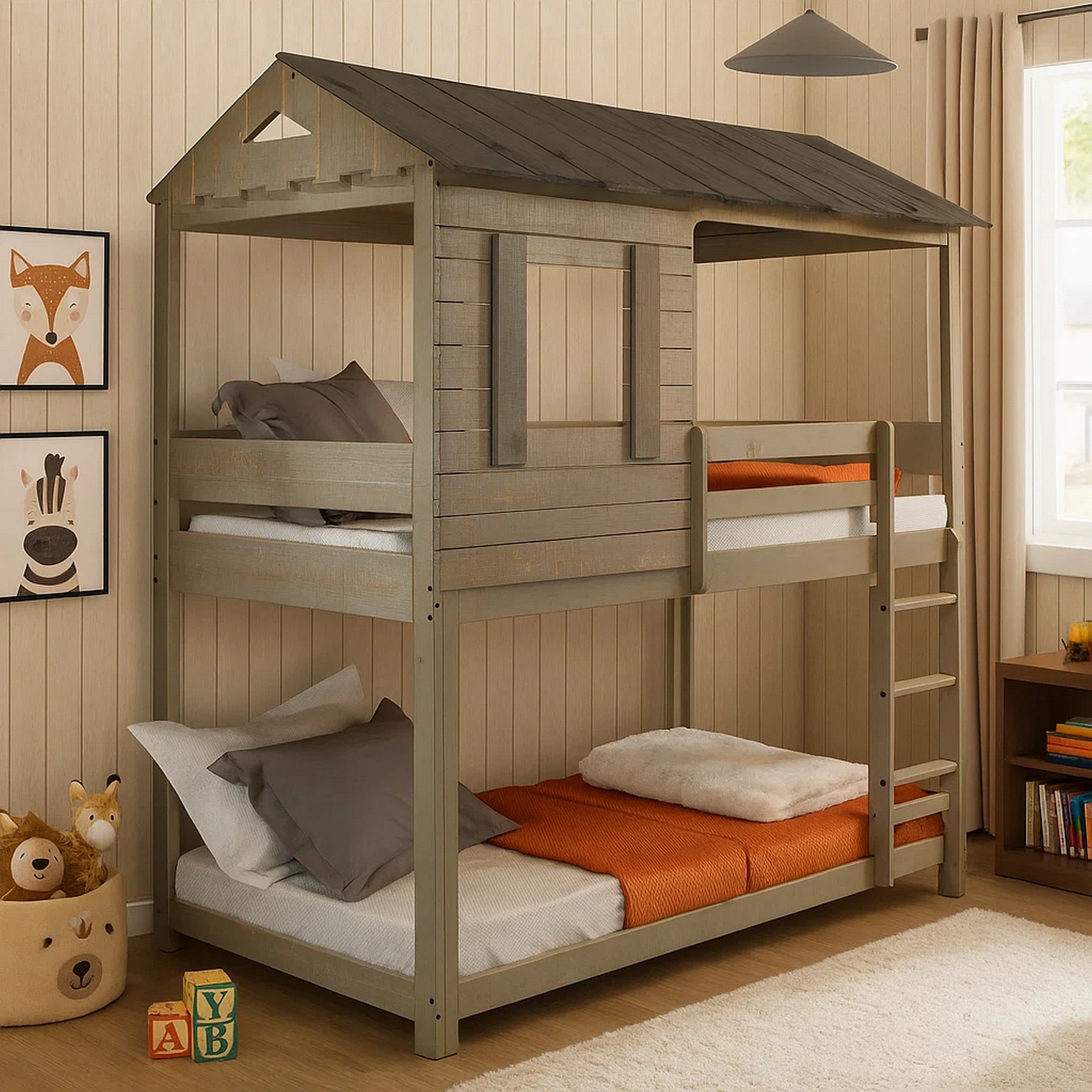 Benjara Twin Size Wooden Bunk Bed with House Design, Brown