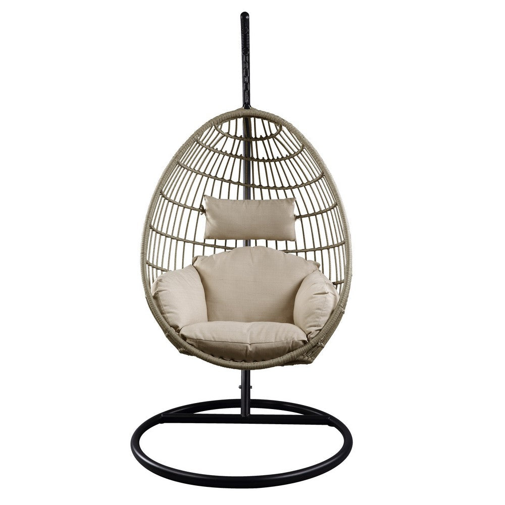 Benjara Oval Wicker Swing Chair with Mesh Pattern, Beige And Black