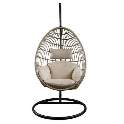Benjara Oval Wicker Swing Chair with Mesh Pattern, Beige And Black
