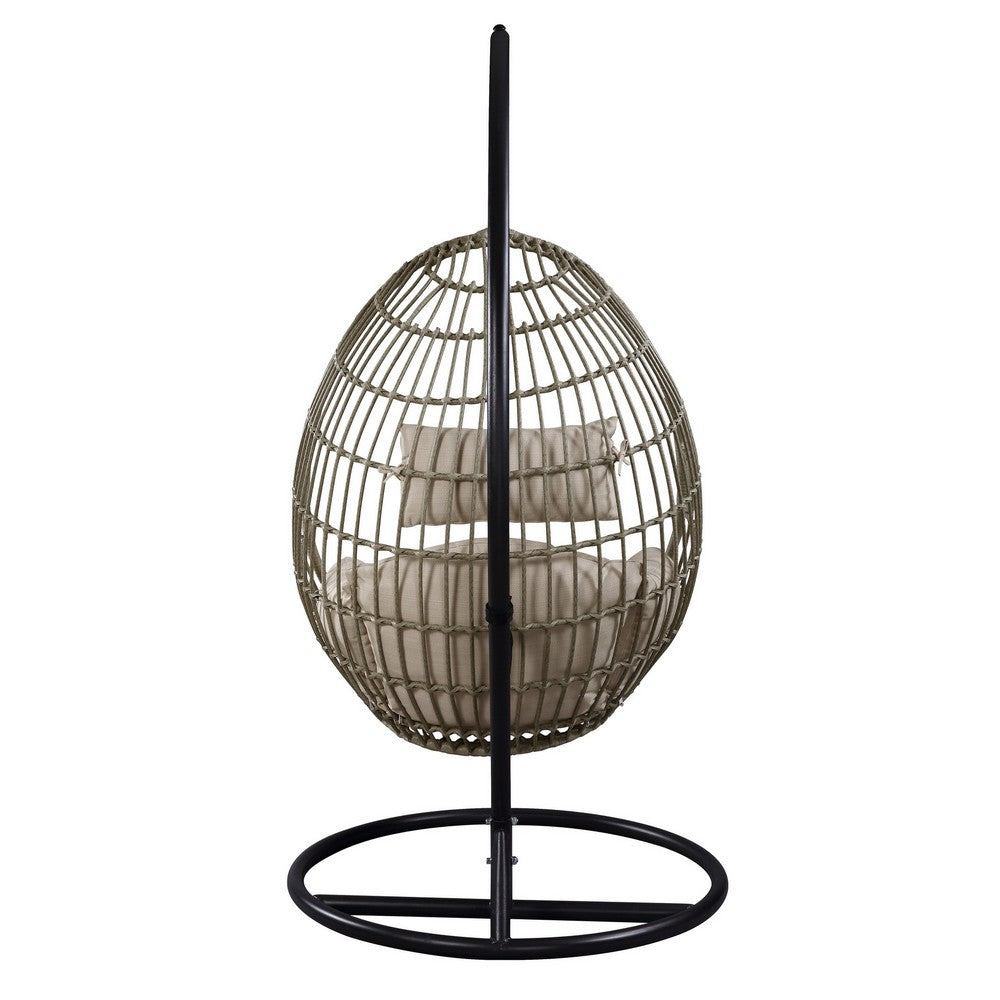 Benjara Oval Wicker Swing Chair with Mesh Pattern, Beige And Black