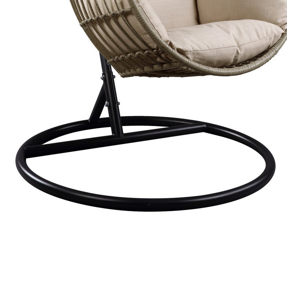 Benjara Oval Wicker Swing Chair with Mesh Pattern, Beige And Black