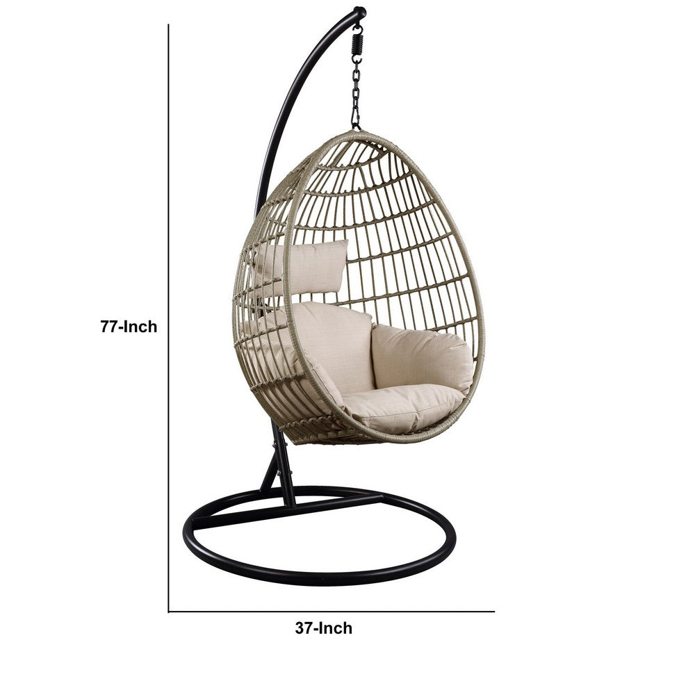 Benjara Oval Wicker Swing Chair with Mesh Pattern, Beige And Black