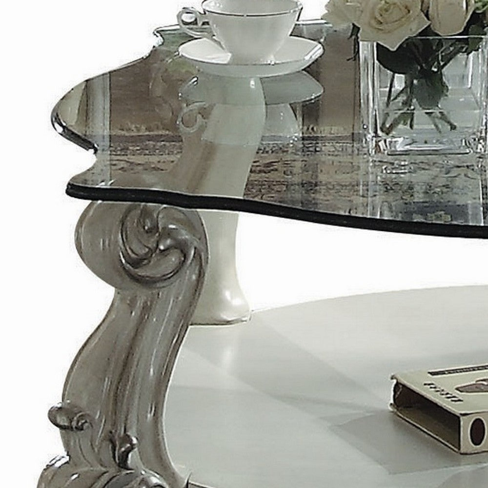 Benjara Curved Glass Top Coffee Table with Open Shelf, White
