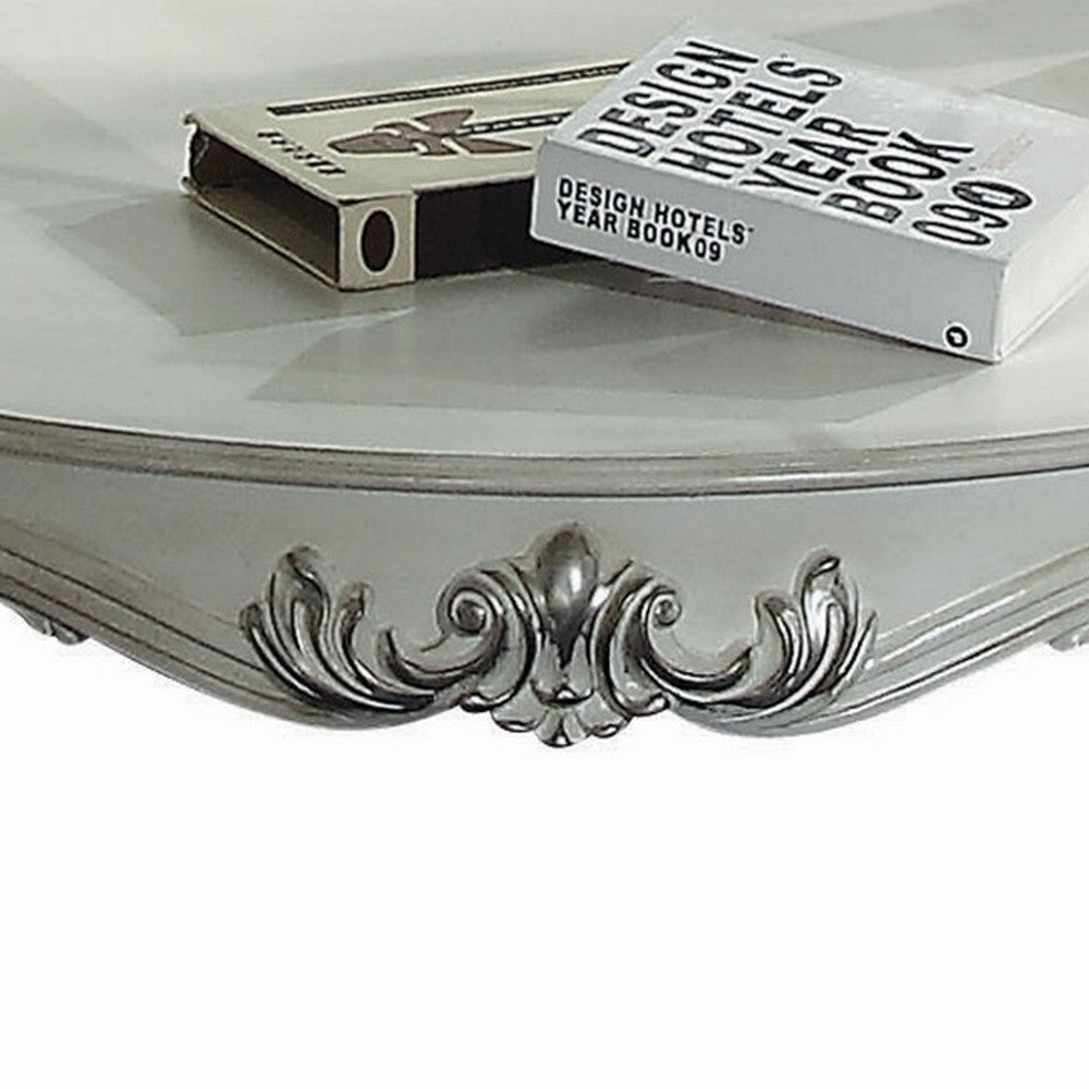 Benjara Curved Glass Top Coffee Table with Open Shelf, White