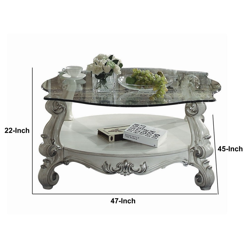Benjara Curved Glass Top Coffee Table with Open Shelf, White