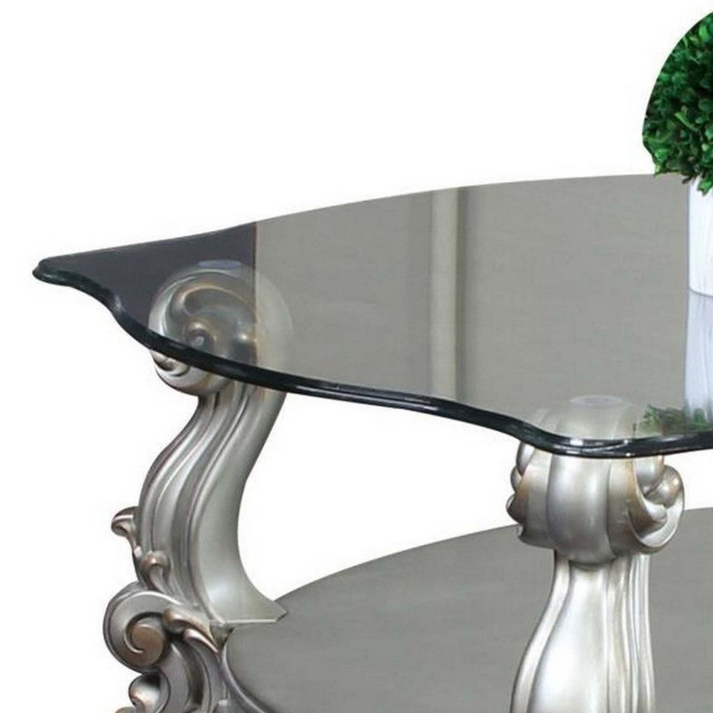 Benjara Curved Glass Top Coffee Table with Open Shelf, Silver