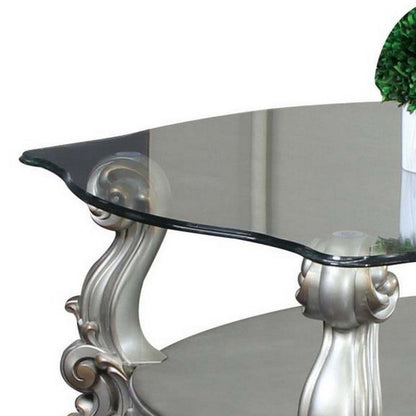 Benjara Curved Glass Top Coffee Table with Open Shelf, Silver