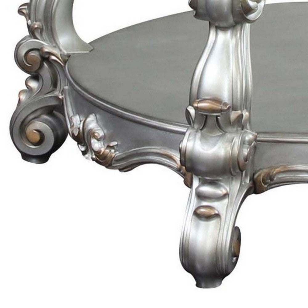 Benjara Curved Glass Top Coffee Table with Open Shelf, Silver