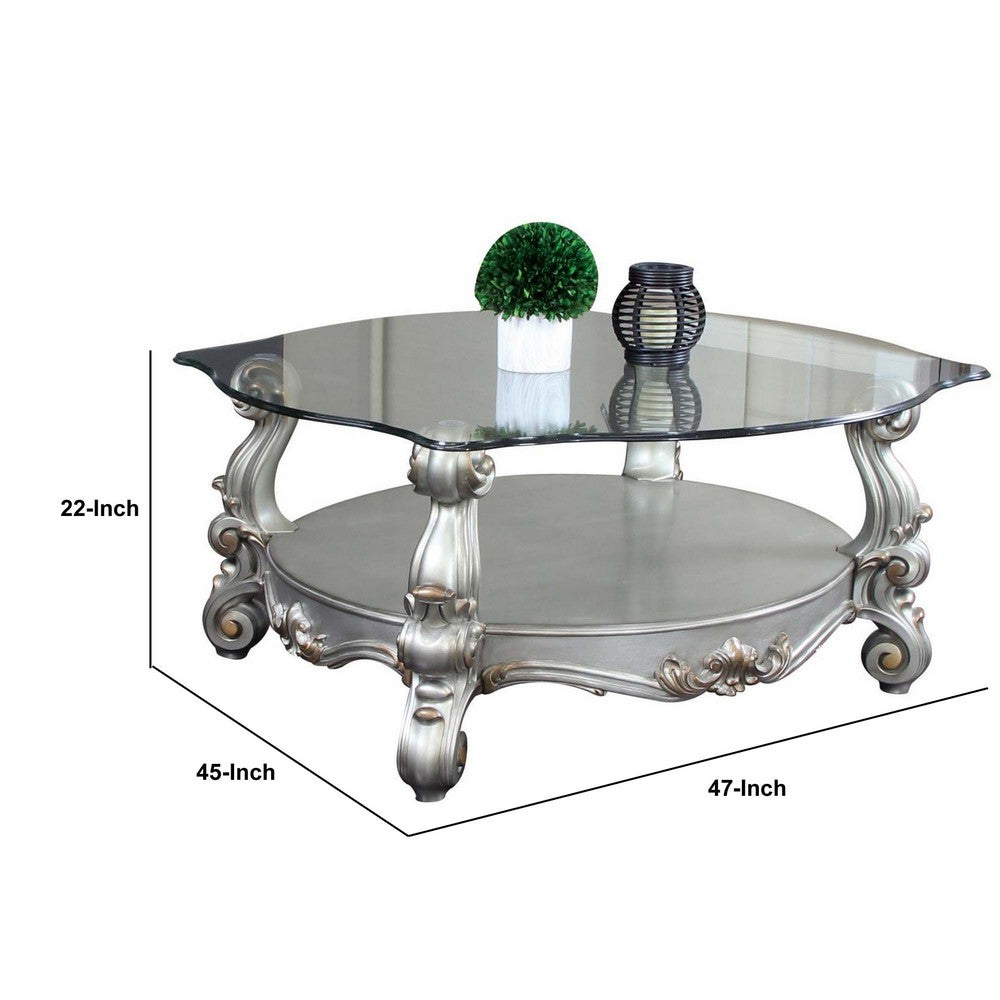 Benjara Curved Glass Top Coffee Table with Open Shelf, Silver
