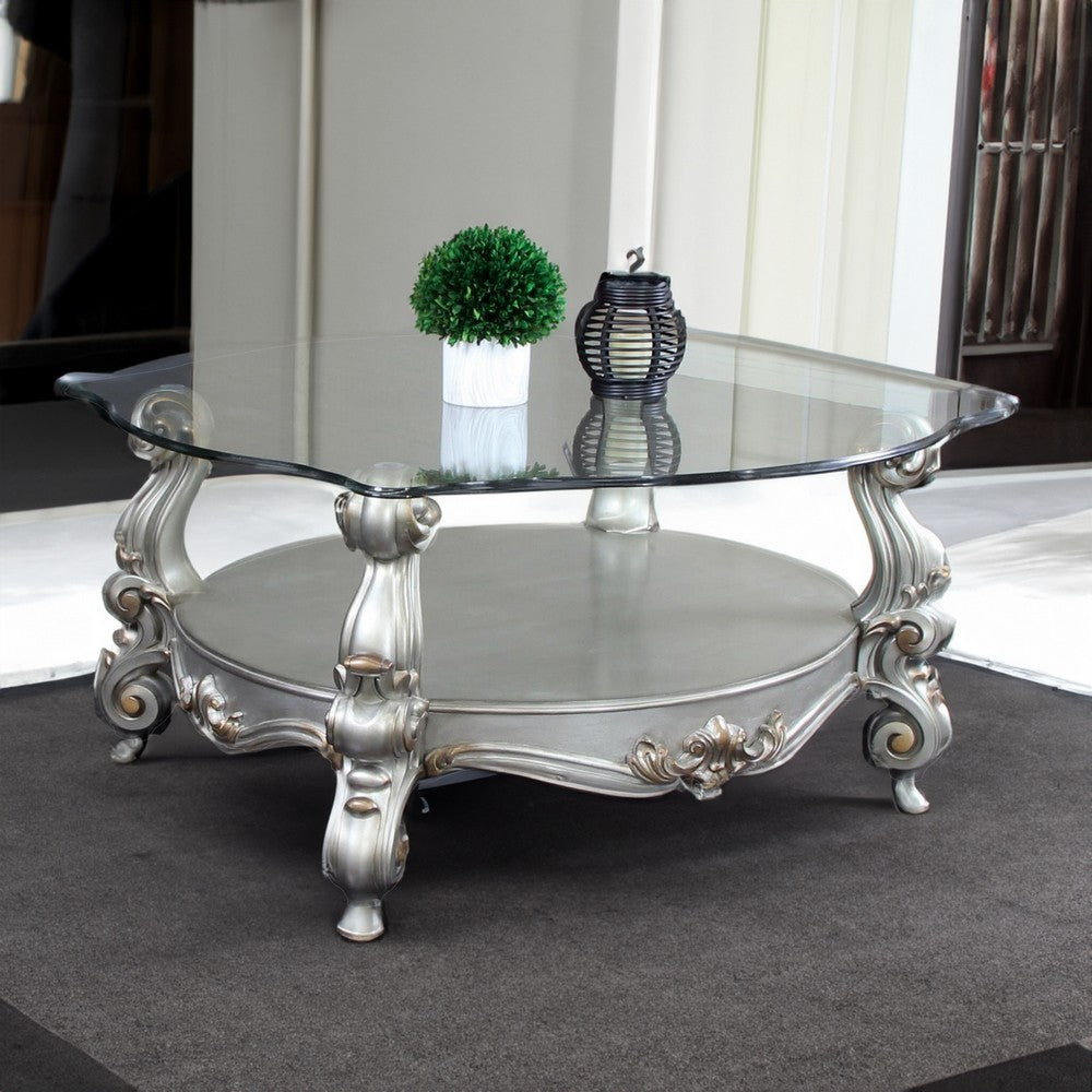 Benjara Curved Glass Top Coffee Table with Open Shelf, Silver