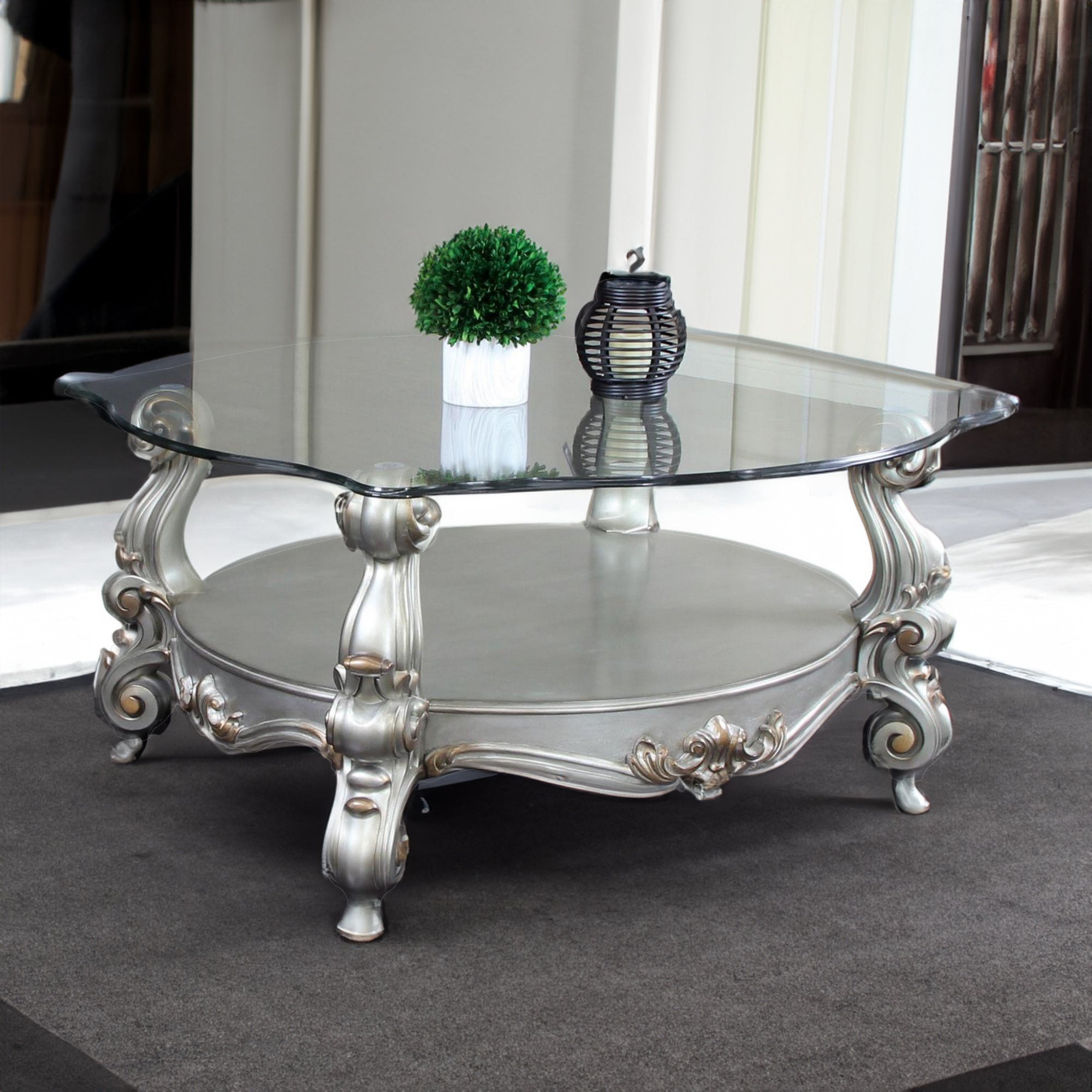 Benjara Curved Glass Top Coffee Table with Open Shelf, Silver