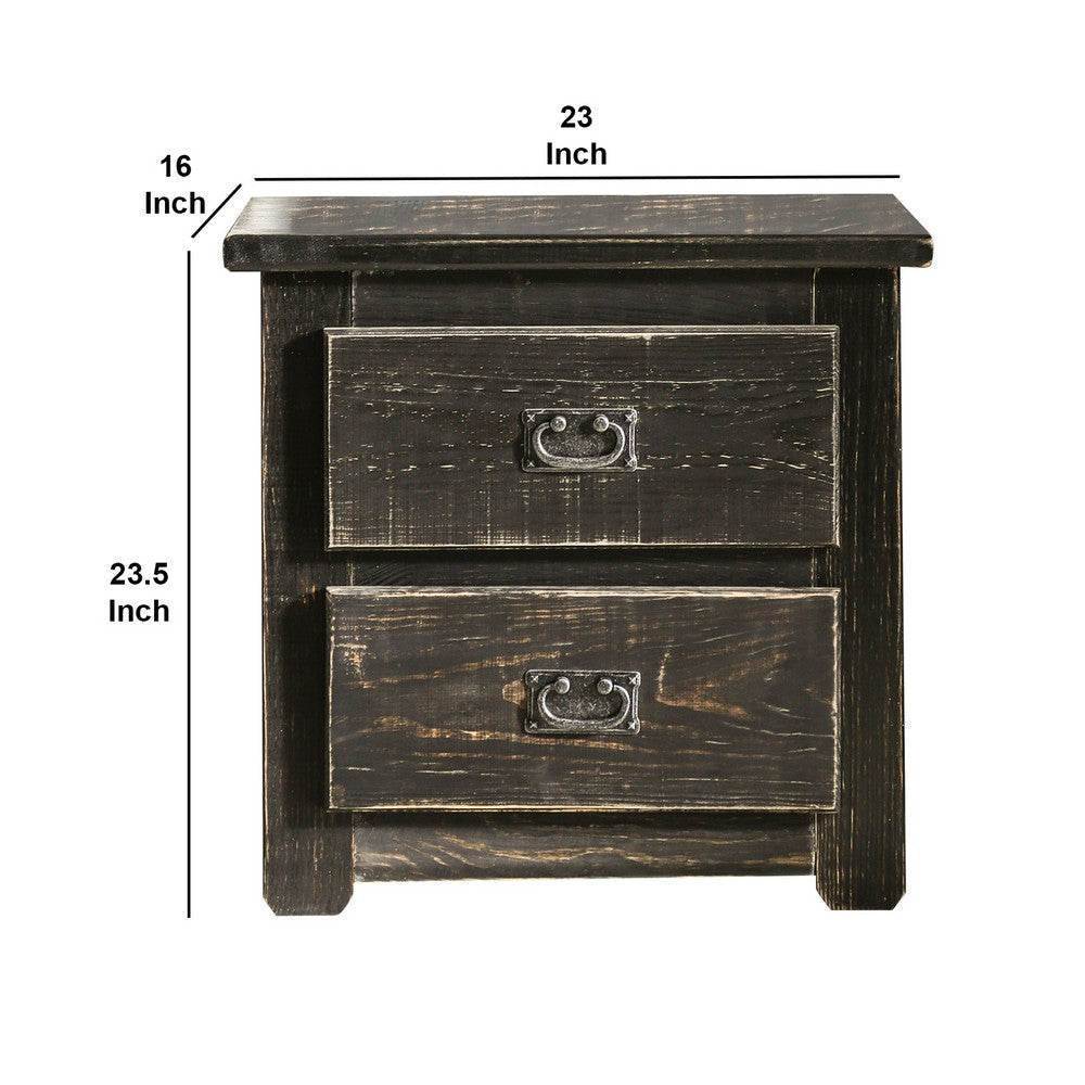 Benjara Plank Design 2 Drawer Wooden Nightstand with Bail Pulls, Black