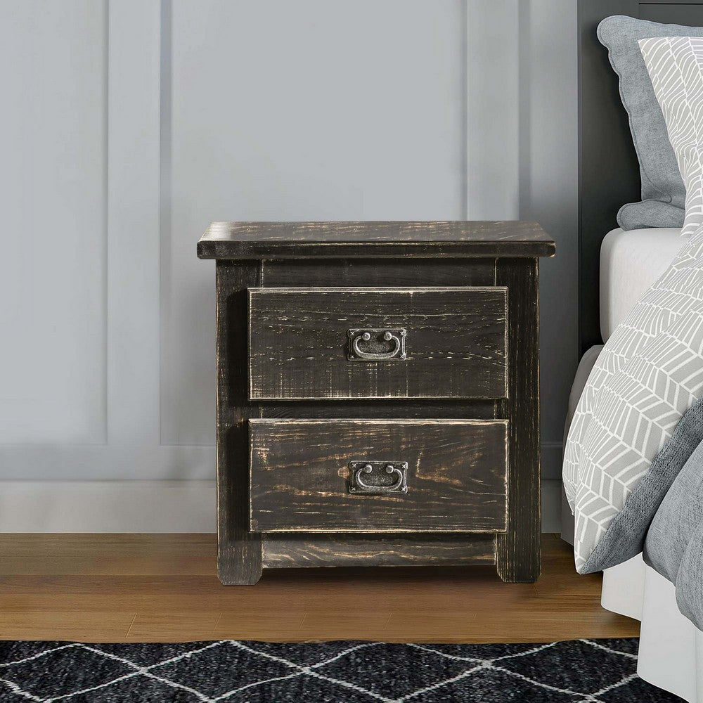 Benjara Plank Design 2 Drawer Wooden Nightstand with Bail Pulls, Black