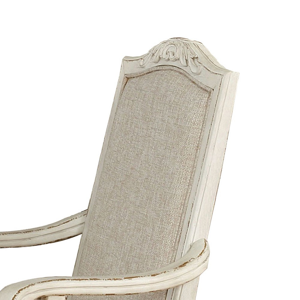 Benjara Rustic Wooden Arm Chair With Intricate Carvings, Set Of 2, Antique White