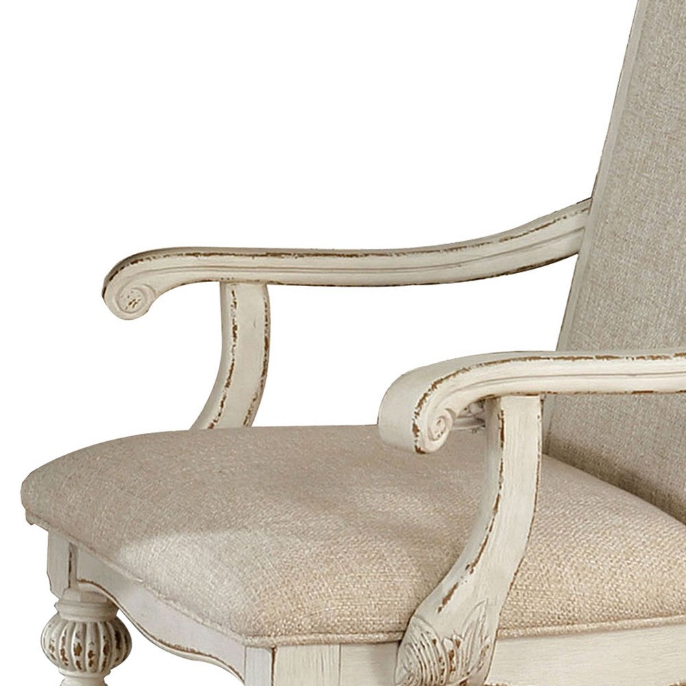 Benjara Rustic Wooden Arm Chair With Intricate Carvings, Set Of 2, Antique White