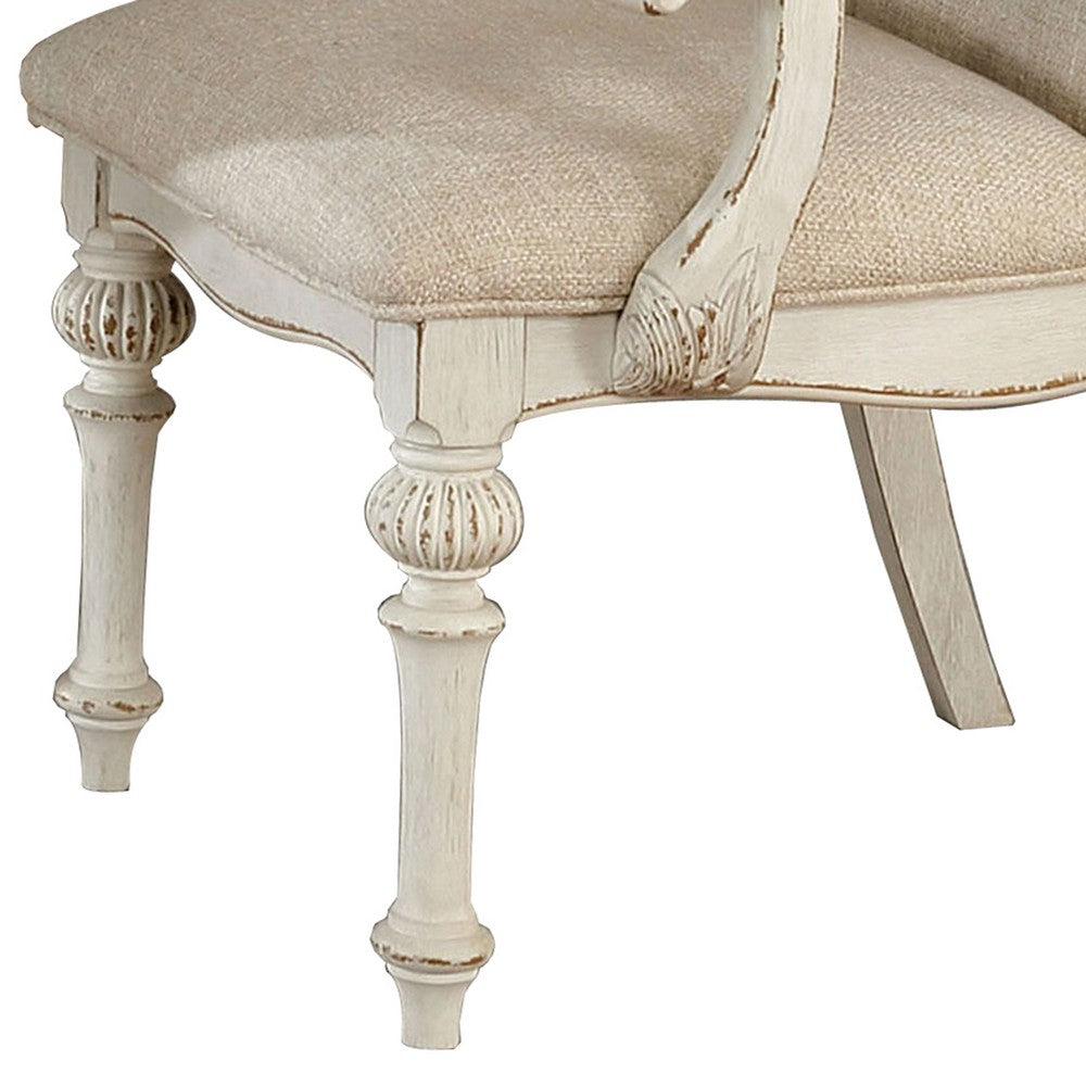 Benjara Rustic Wooden Arm Chair With Intricate Carvings, Set Of 2, Antique White