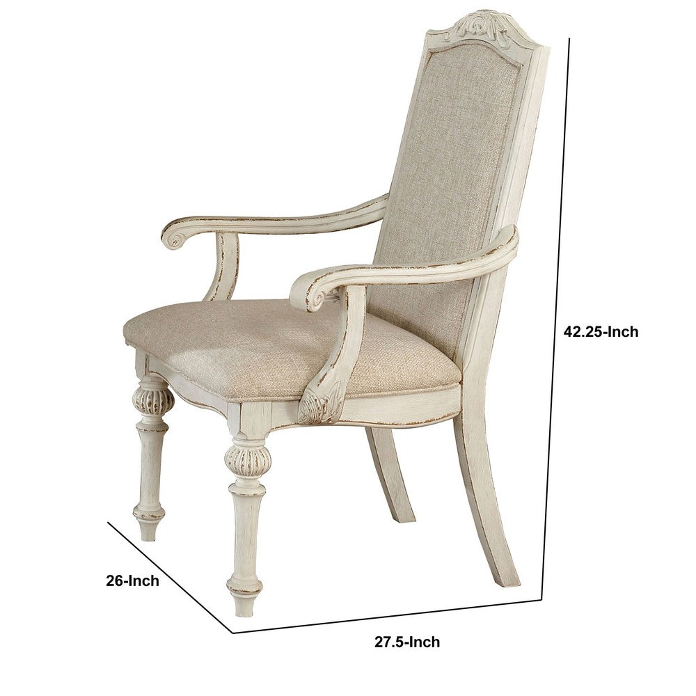 Benjara Rustic Wooden Arm Chair With Intricate Carvings, Set Of 2, Antique White